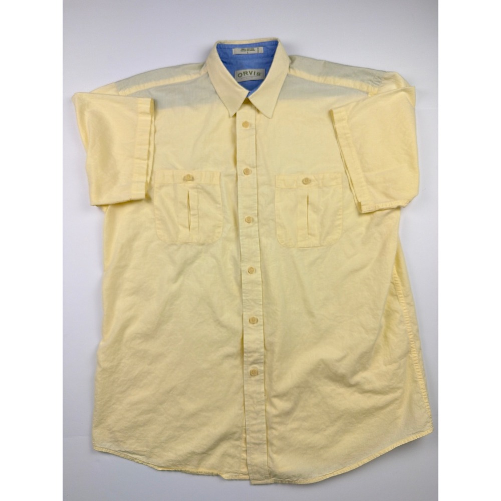 Orvis Mens Short Sleeve Button Down Shirt Yellow Cotton Utility Pocket Large